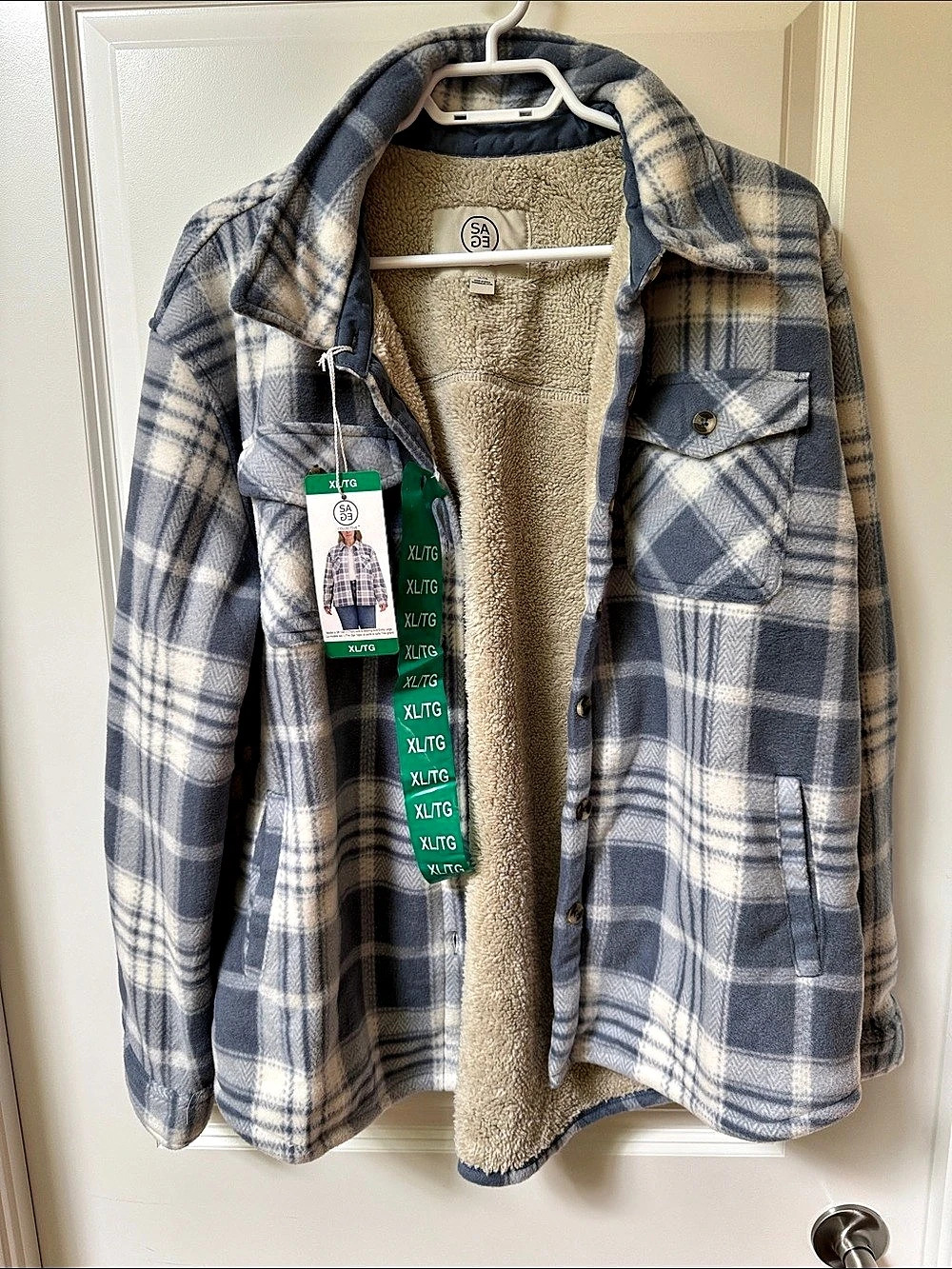 SAGE Plaid Sherpa Jacket Blue & White XL NWT